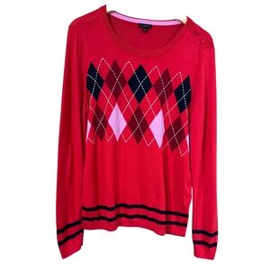 Talbots Women's Red Argyle Crew Neck Long Sleeve Sweater Top Black Pink SZ L